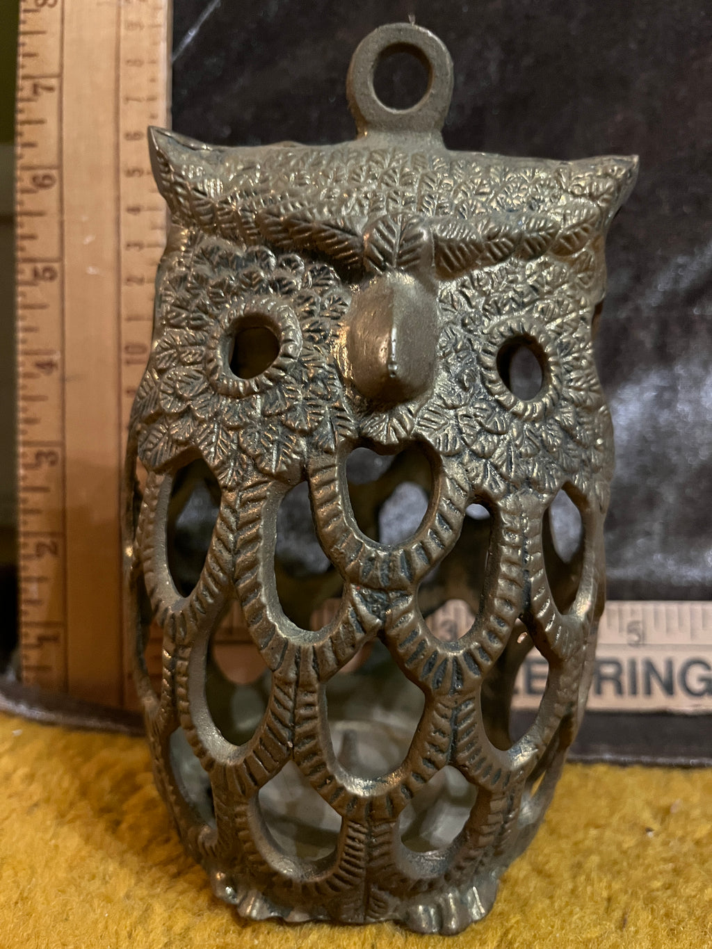 Vintage Mid-Century Brass/Cast Metal Owl Candle Lantern 6x4 inches pf