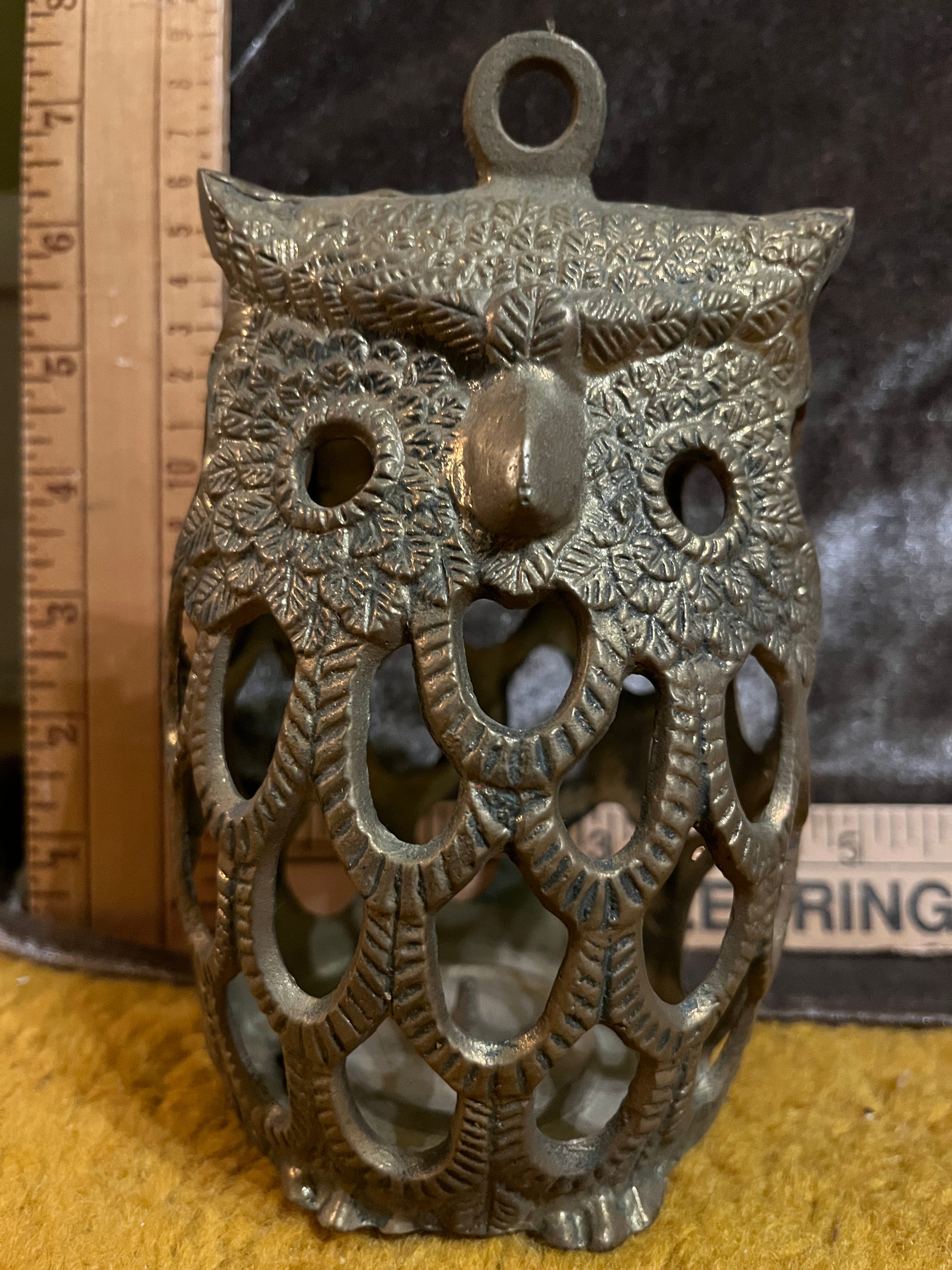 Vintage Mid-Century Brass/Cast Metal Owl Candle Lantern 6x4 inches pf