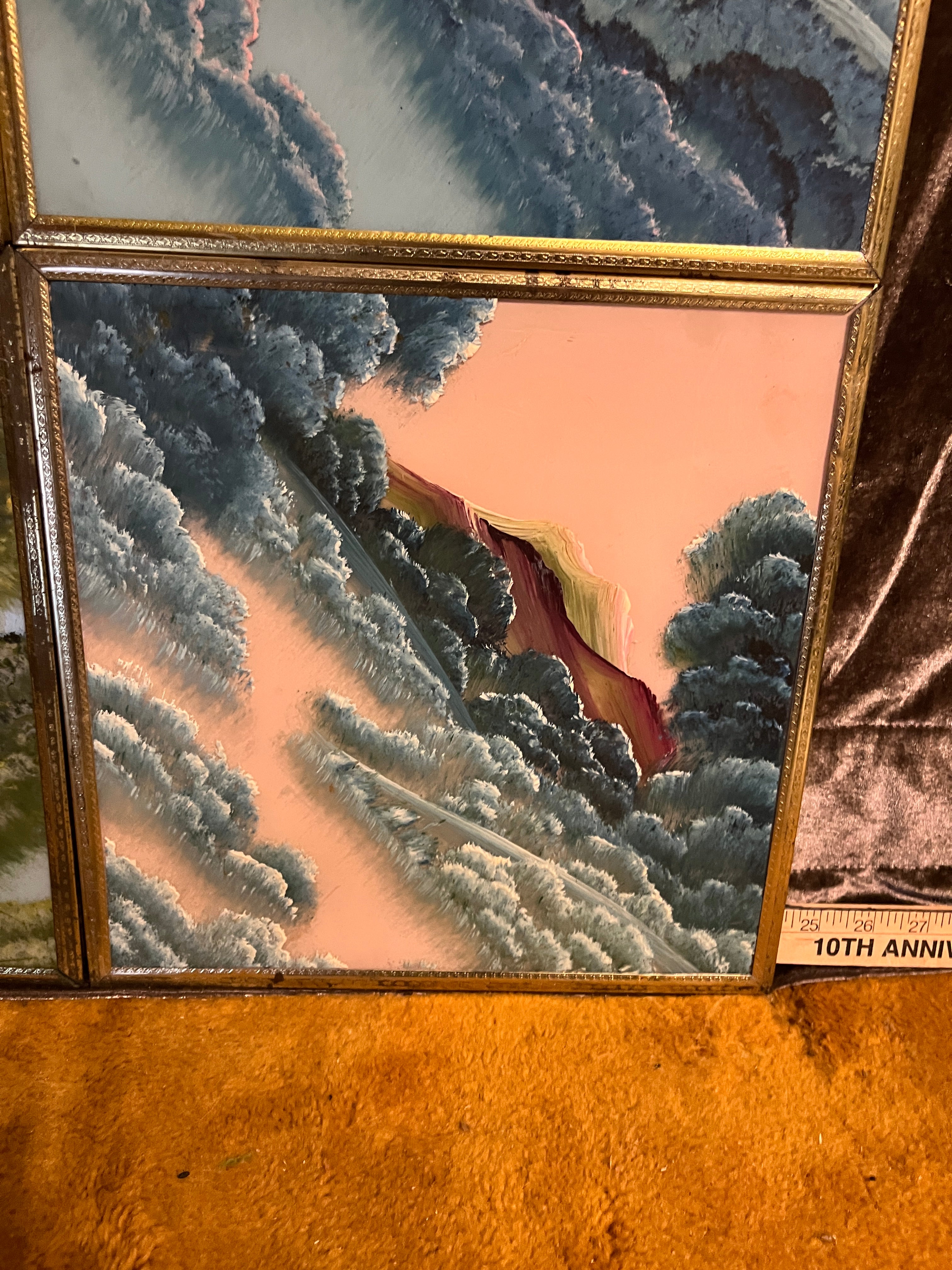 RARE Mid-Century Continuous LandscapeVintage Reverse Glass Painting Set pf