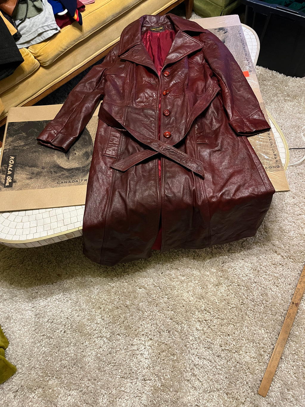 Late 70s/Early 80s Red Leather Trench Coat – Full Length, Belted, USA-Made 48 inches long zz