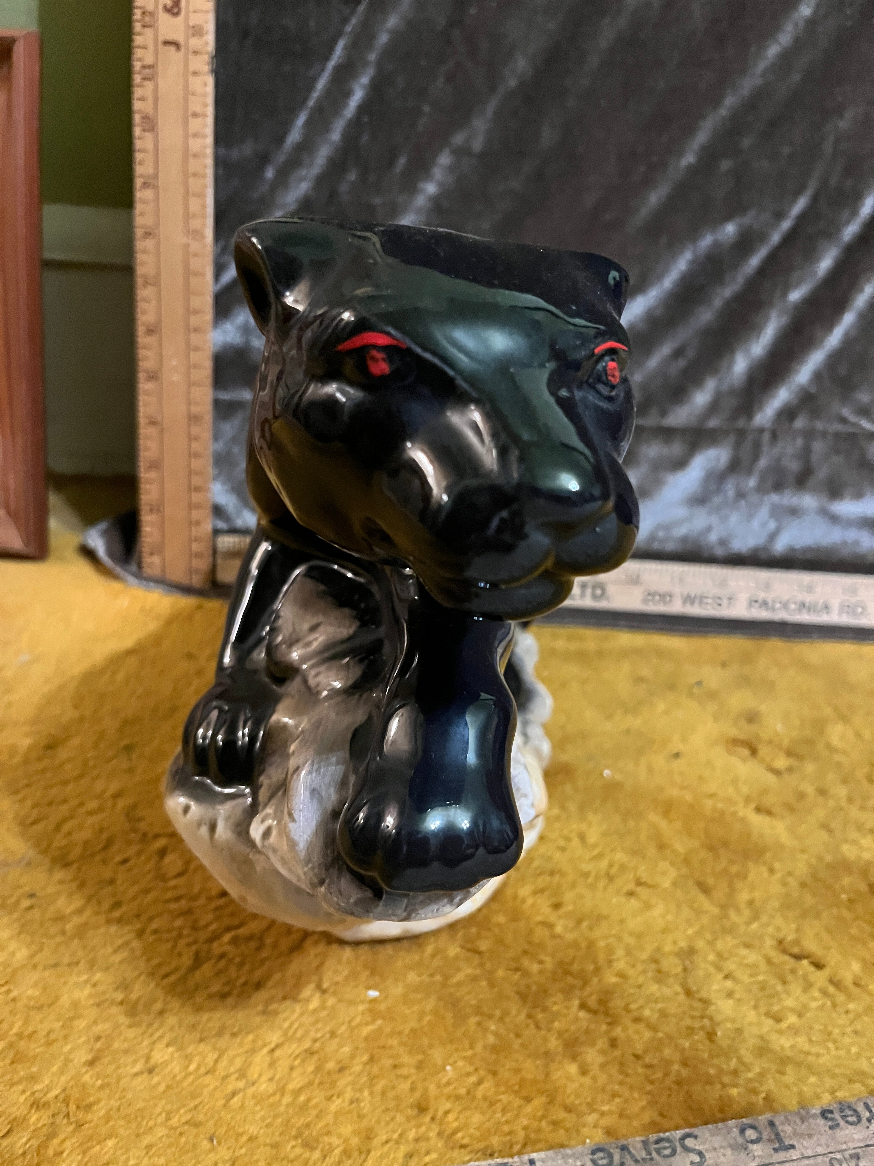 Vintage Mid-Century Modern Ceramic Black Panther Statue on Rock Base – 14"long 9” high pf