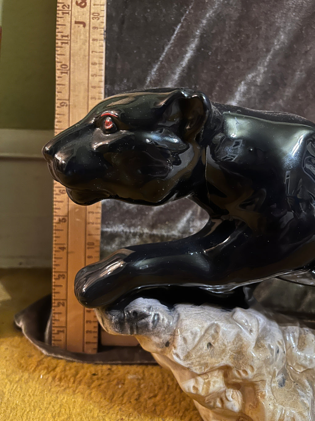 Vintage Mid-Century Modern Ceramic Black Panther Statue on Rock Base – 14"long 9” high pf
