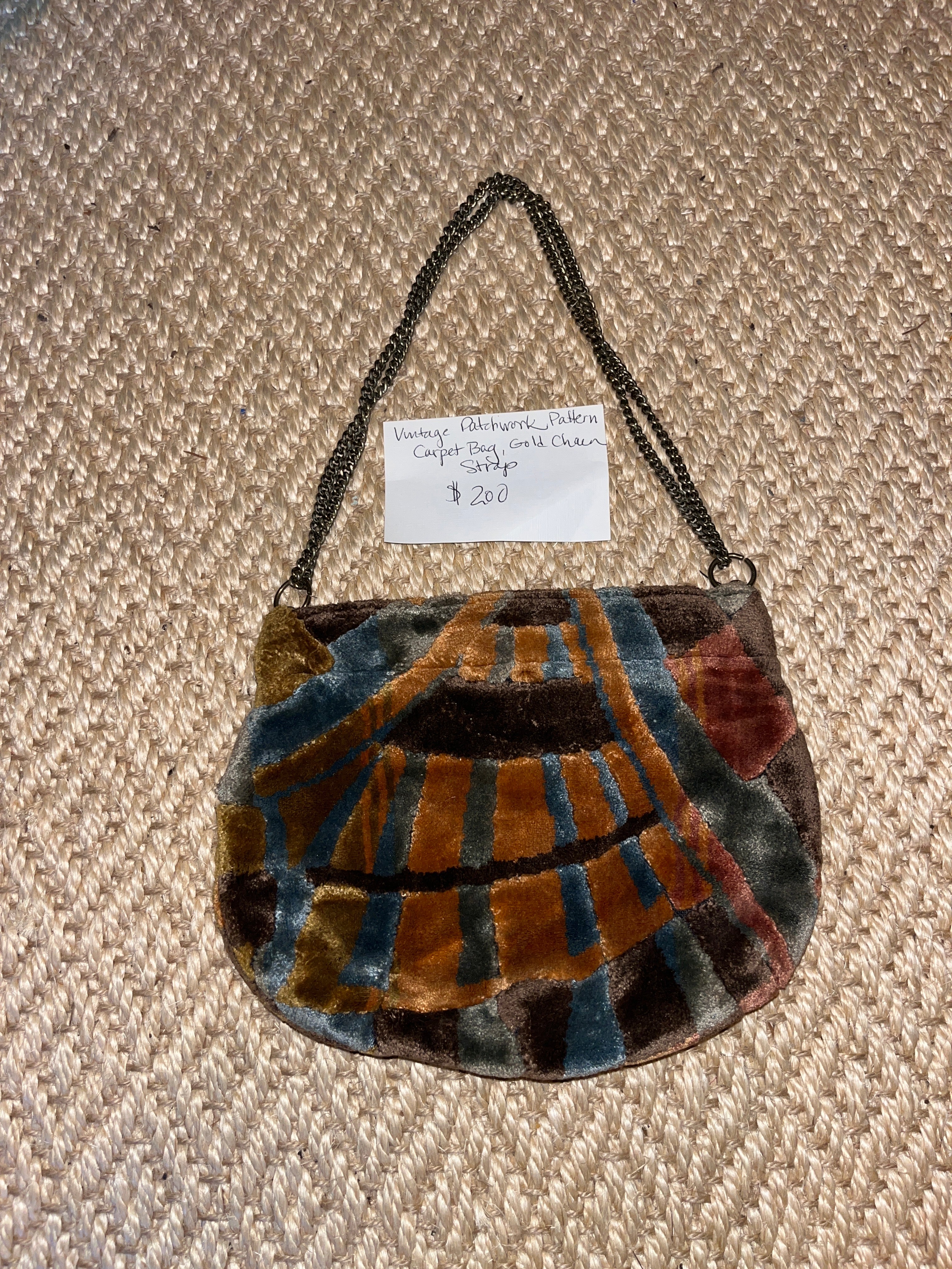 Vintage patchwork pattern carpet bag gold chain strap pfg