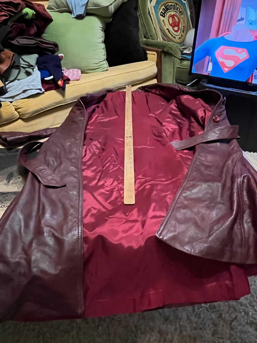 Late 70s/Early 80s Red Leather Trench Coat – Full Length, Belted, USA-Made 48 inches long zz
