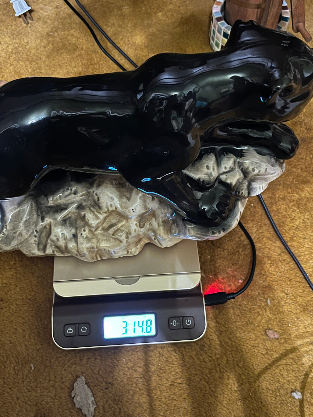 Vintage Mid-Century Modern Ceramic Black Panther Statue on Rock Base – 14"long 9” high pf