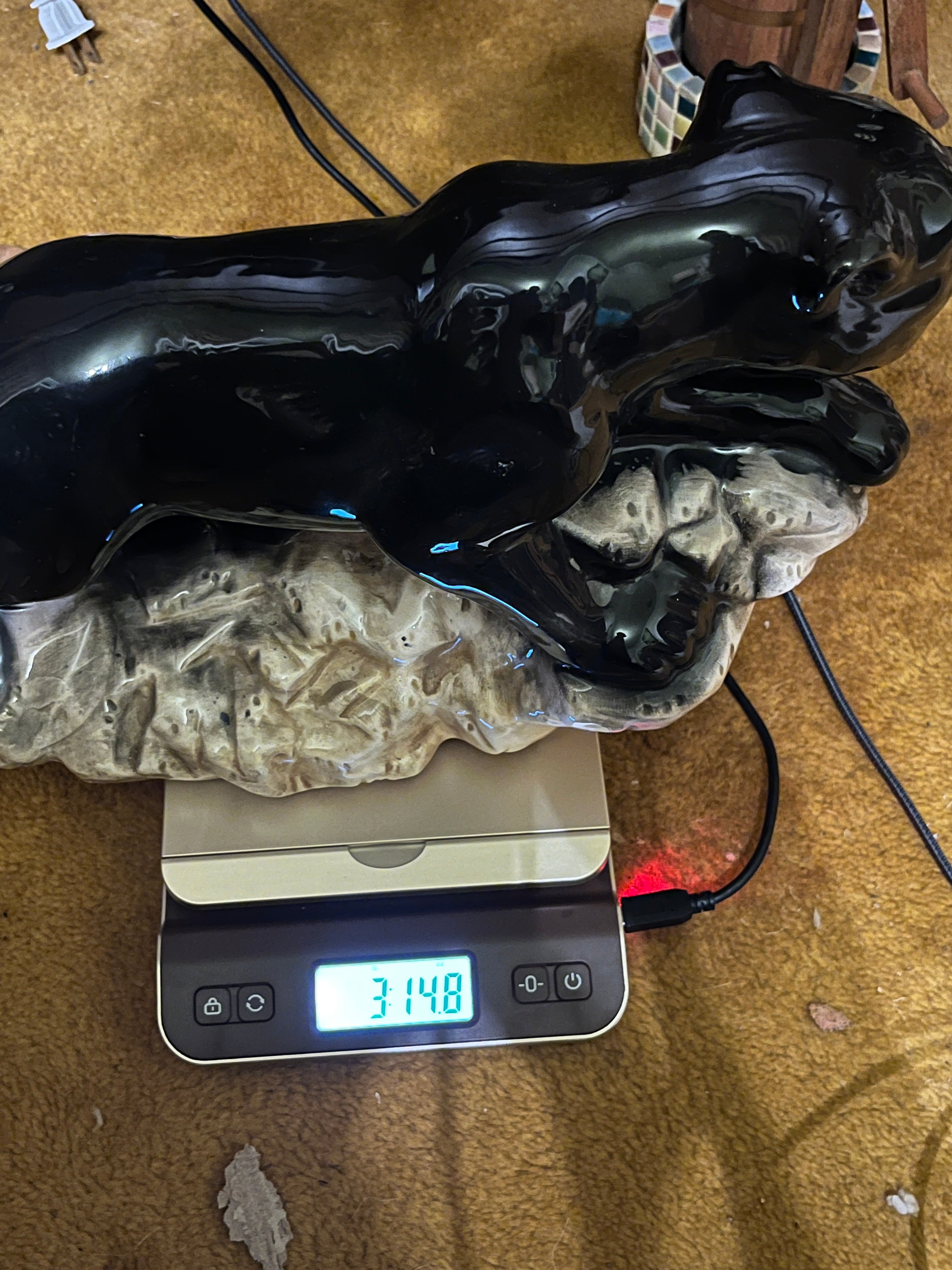Vintage Mid-Century Modern Ceramic Black Panther Statue on Rock Base – 14"long 9” high pf