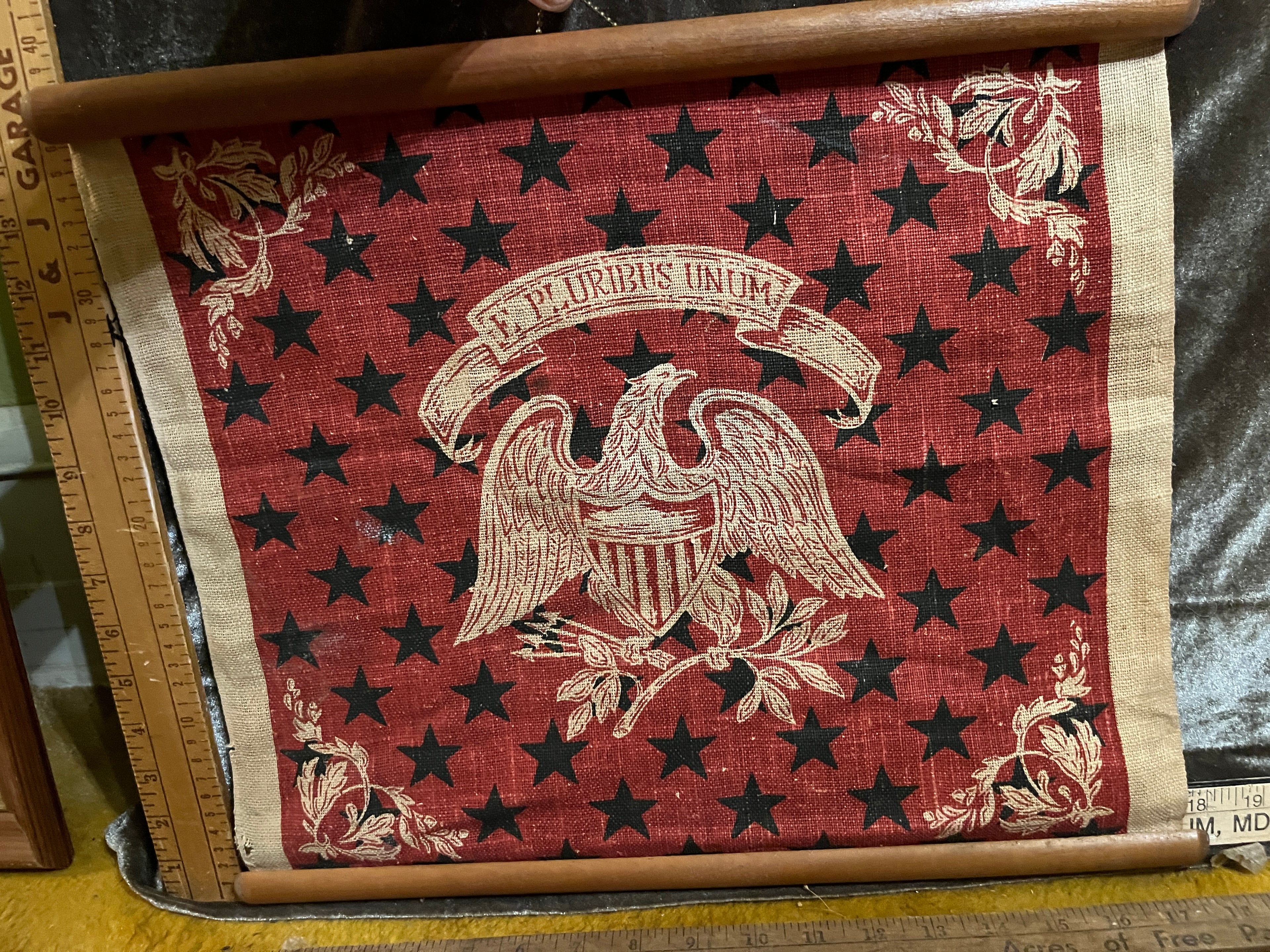 Vintage Mid Century Americana Wall Hanging Scroll Textile Art E Pluribus Unum 15x18 pf