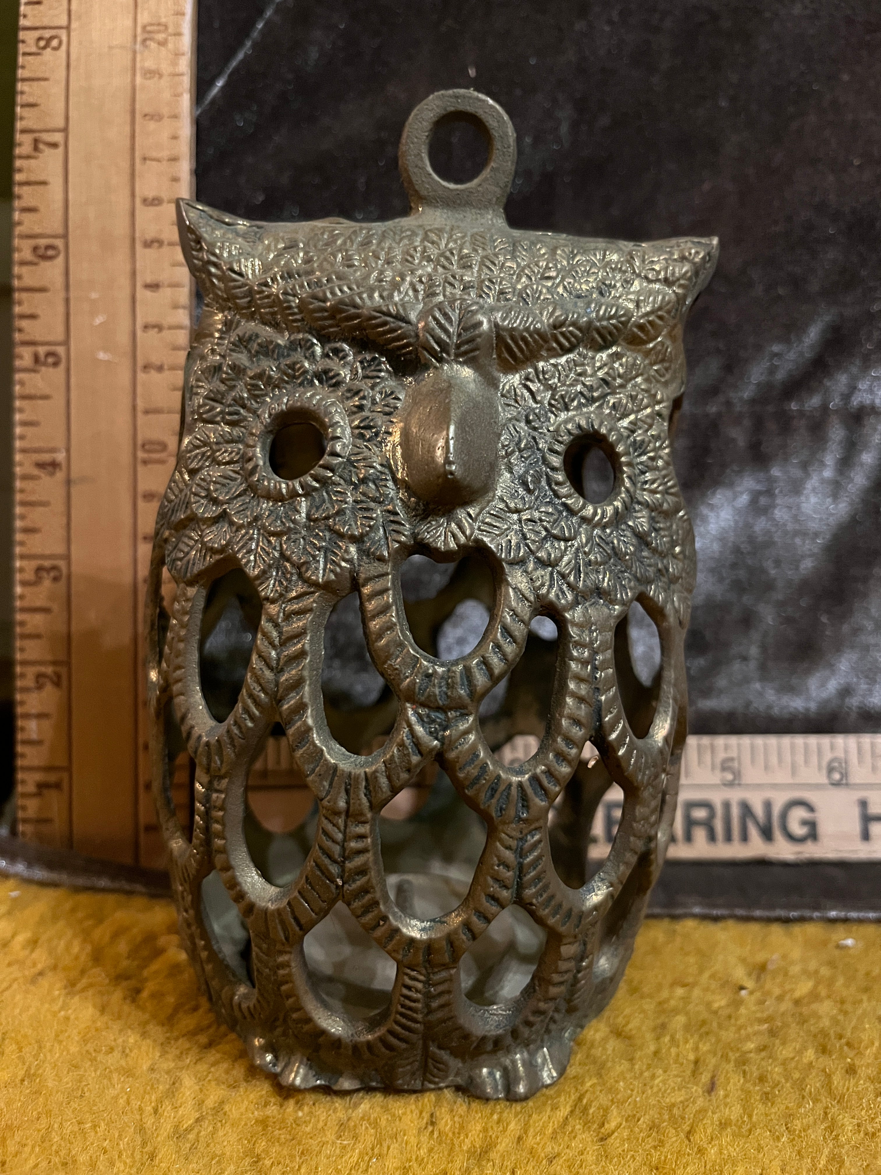 Vintage Mid-Century Brass/Cast Metal Owl Candle Lantern 6x4 inches pf