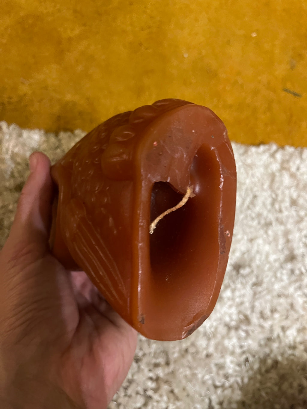 Vintage 1970s Molded Wax Owl Candle - Large 6"x4" Retro Mid Century Orange Figurine Unburned pf