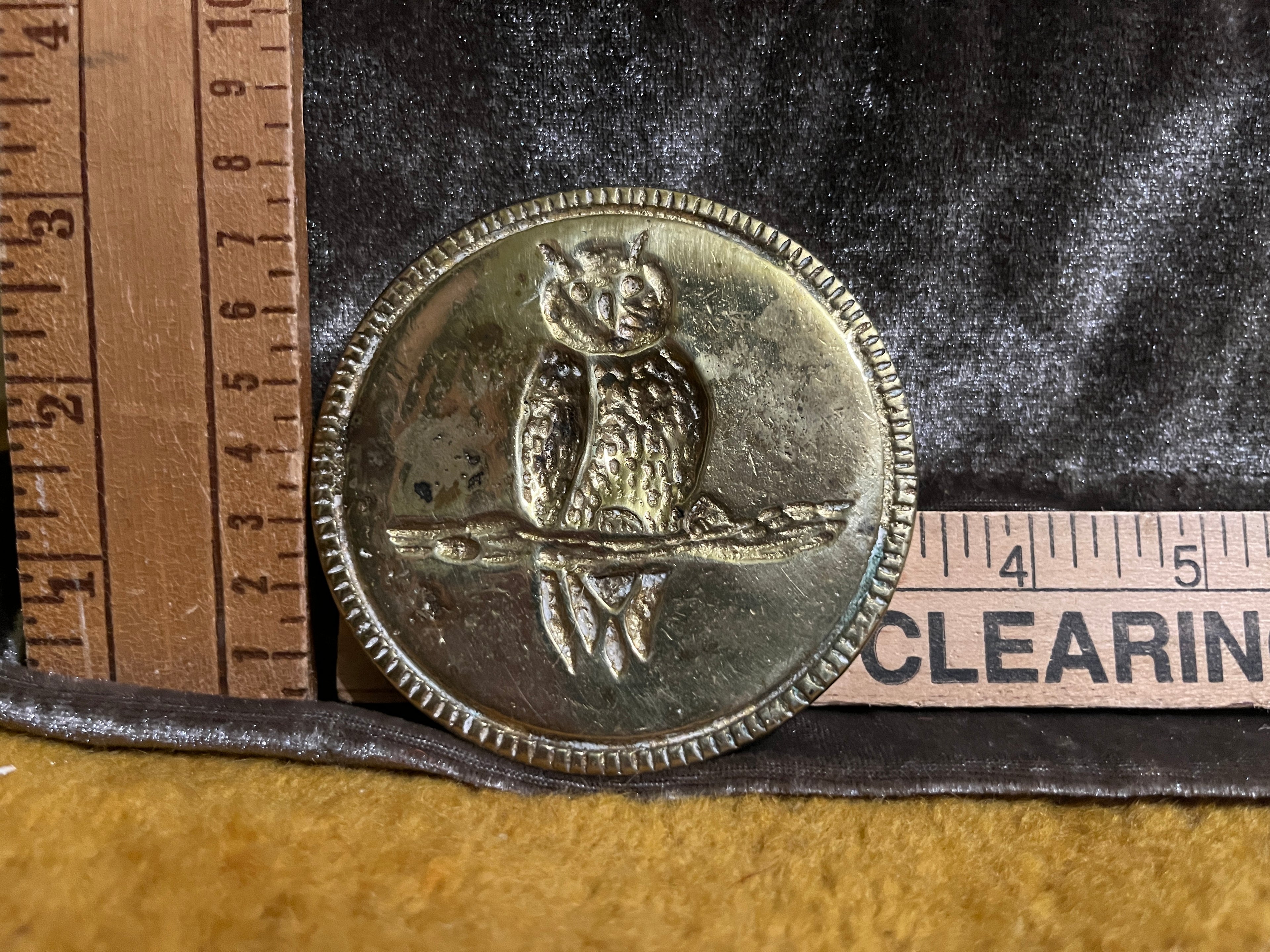 Vintage Heavy Solid Brass Owl Paperweight Medallion - Massive 15 oz Desk Plaque, 3" Diameter (Non-Magnetic)pf