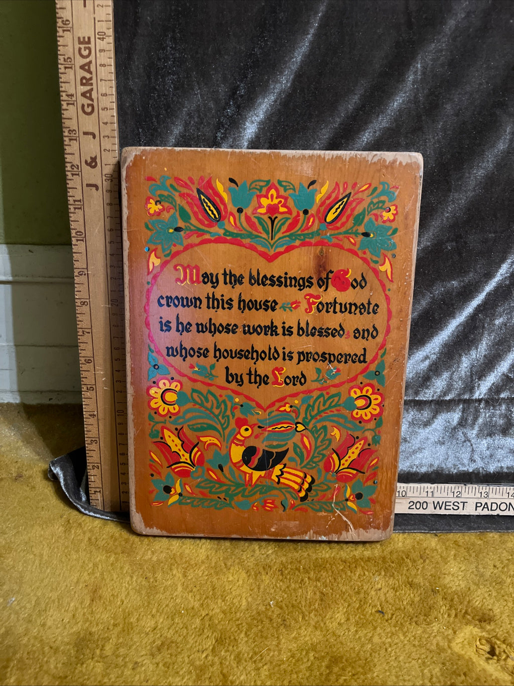 Vintage 1960s Pennsylvania Dutch Wood Wall Plaque House Blessing Fraktur Folk Art pf