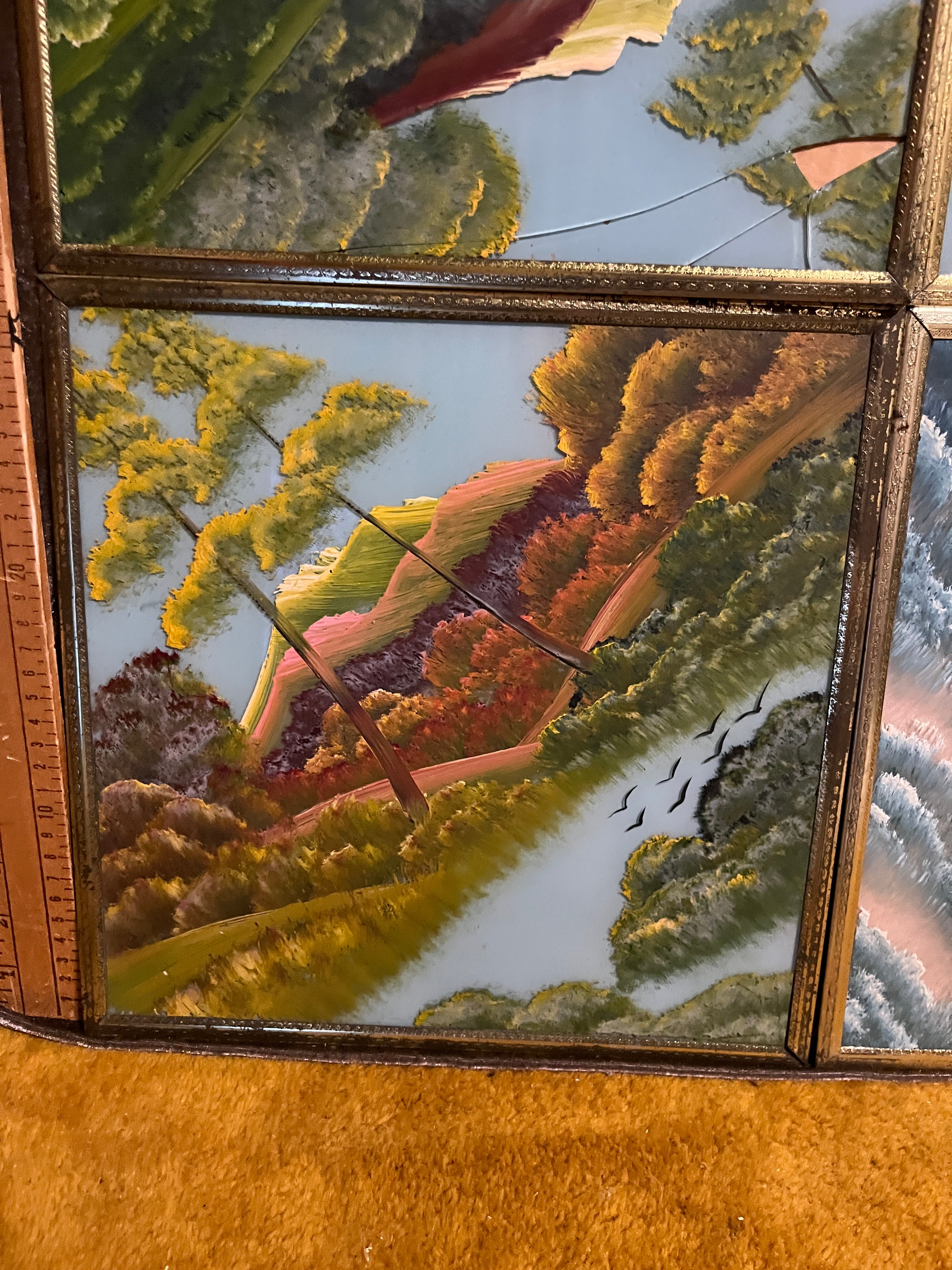 RARE Mid-Century Continuous LandscapeVintage Reverse Glass Painting Set pf