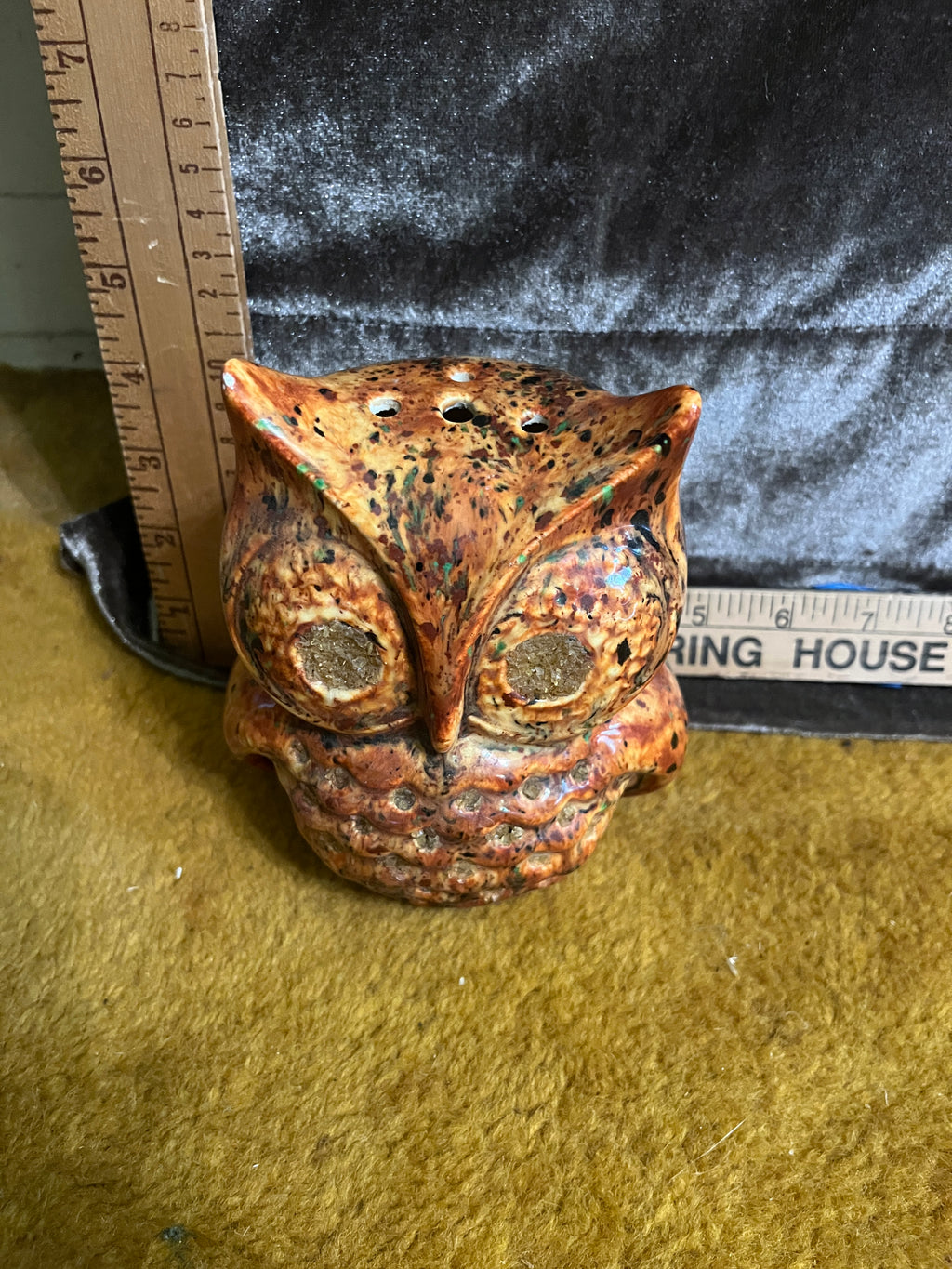 Vintage 1970s Ceramic Owl Incense Burner - Retro Drip Glaze & Crushed Glass Eyes (5"x4") pf