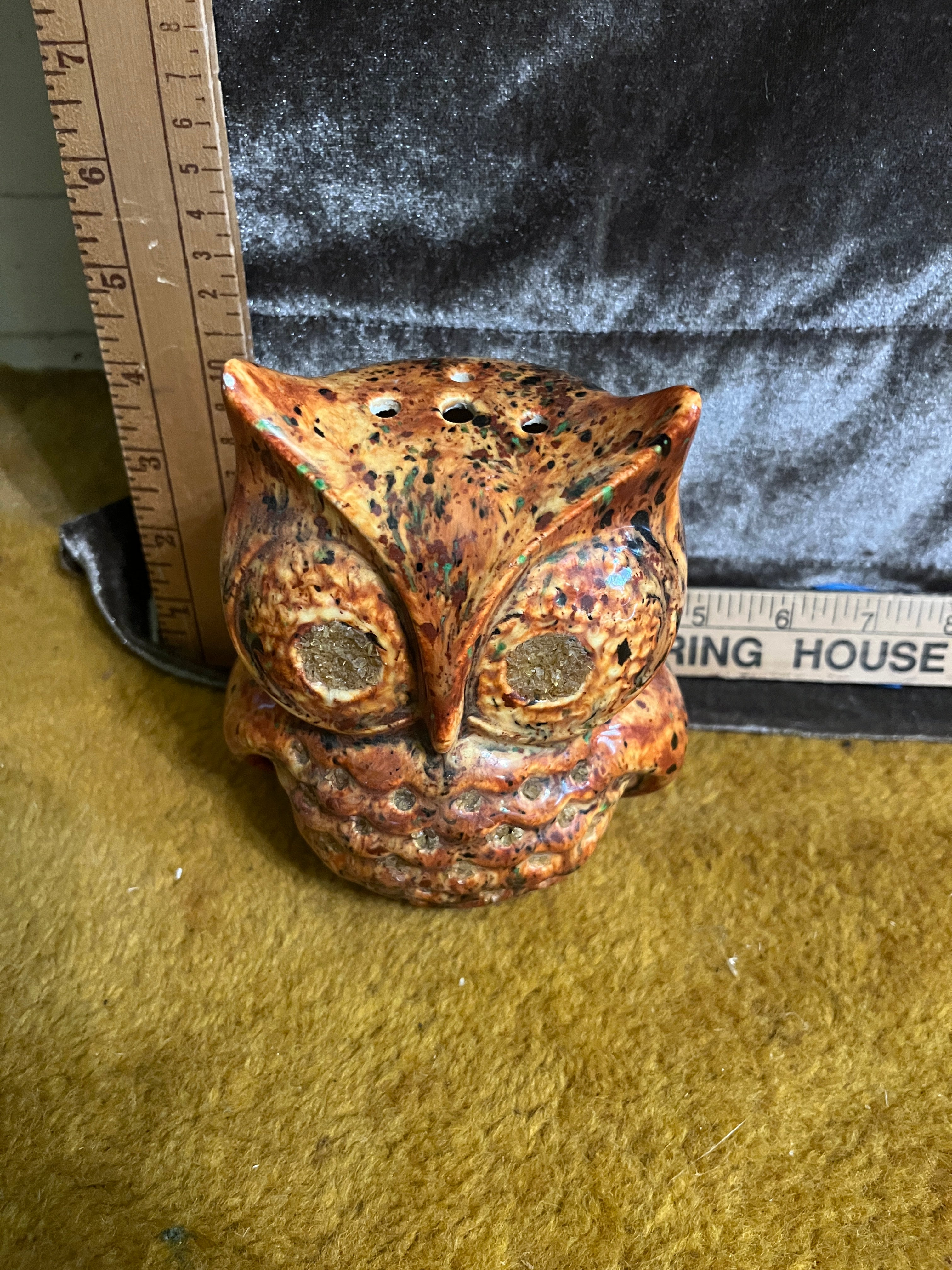 Vintage 1970s Ceramic Owl Incense Burner - Retro Drip Glaze & Crushed Glass Eyes (5"x4") pf