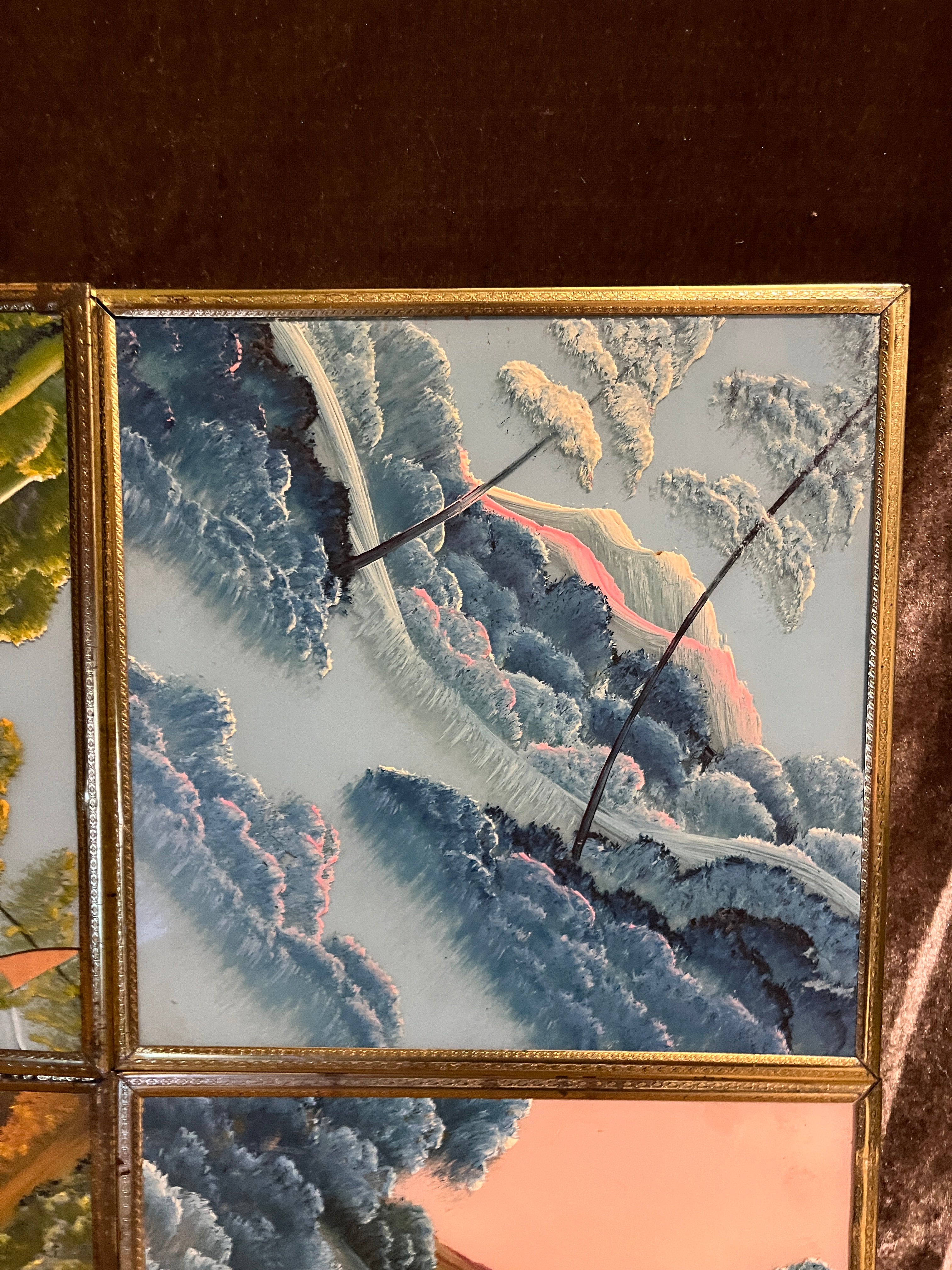 RARE Mid-Century Continuous LandscapeVintage Reverse Glass Painting Set pf