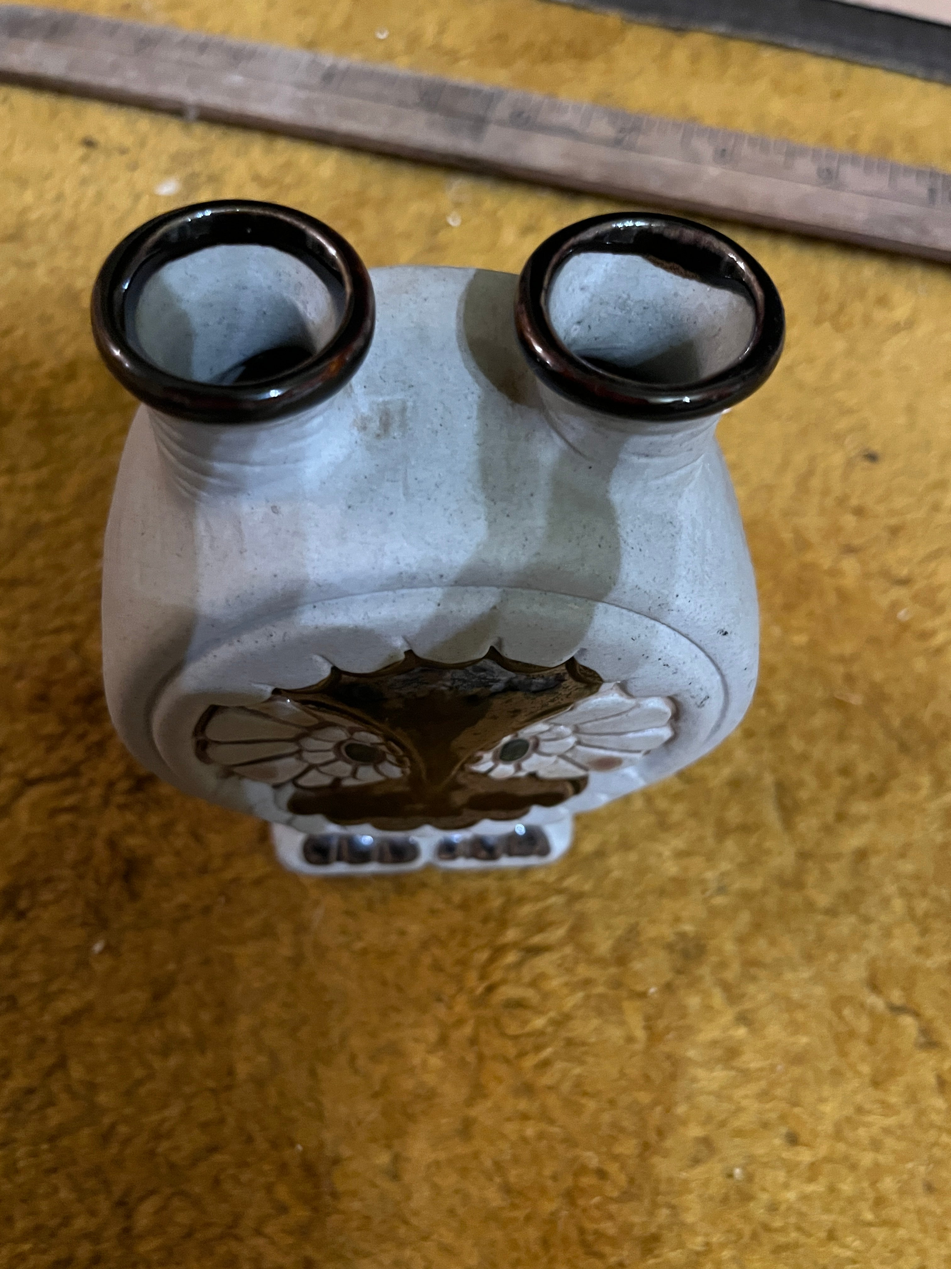 Vintage 1970s Takahashi Japan Stoneware Owl Double Spout Bud Vase pf