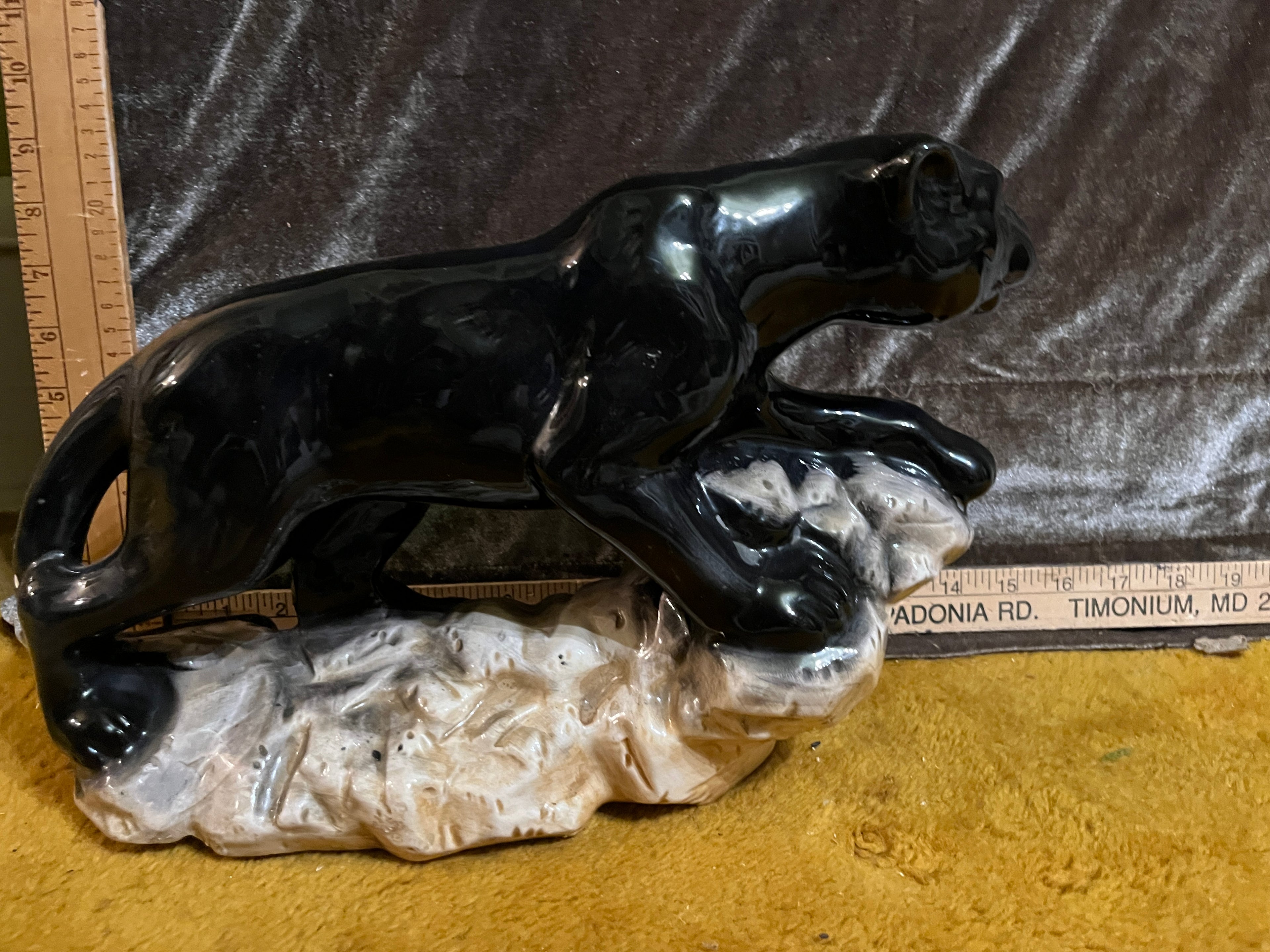 Vintage Mid-Century Modern Ceramic Black Panther Statue on Rock Base – 14"long 9” high pf