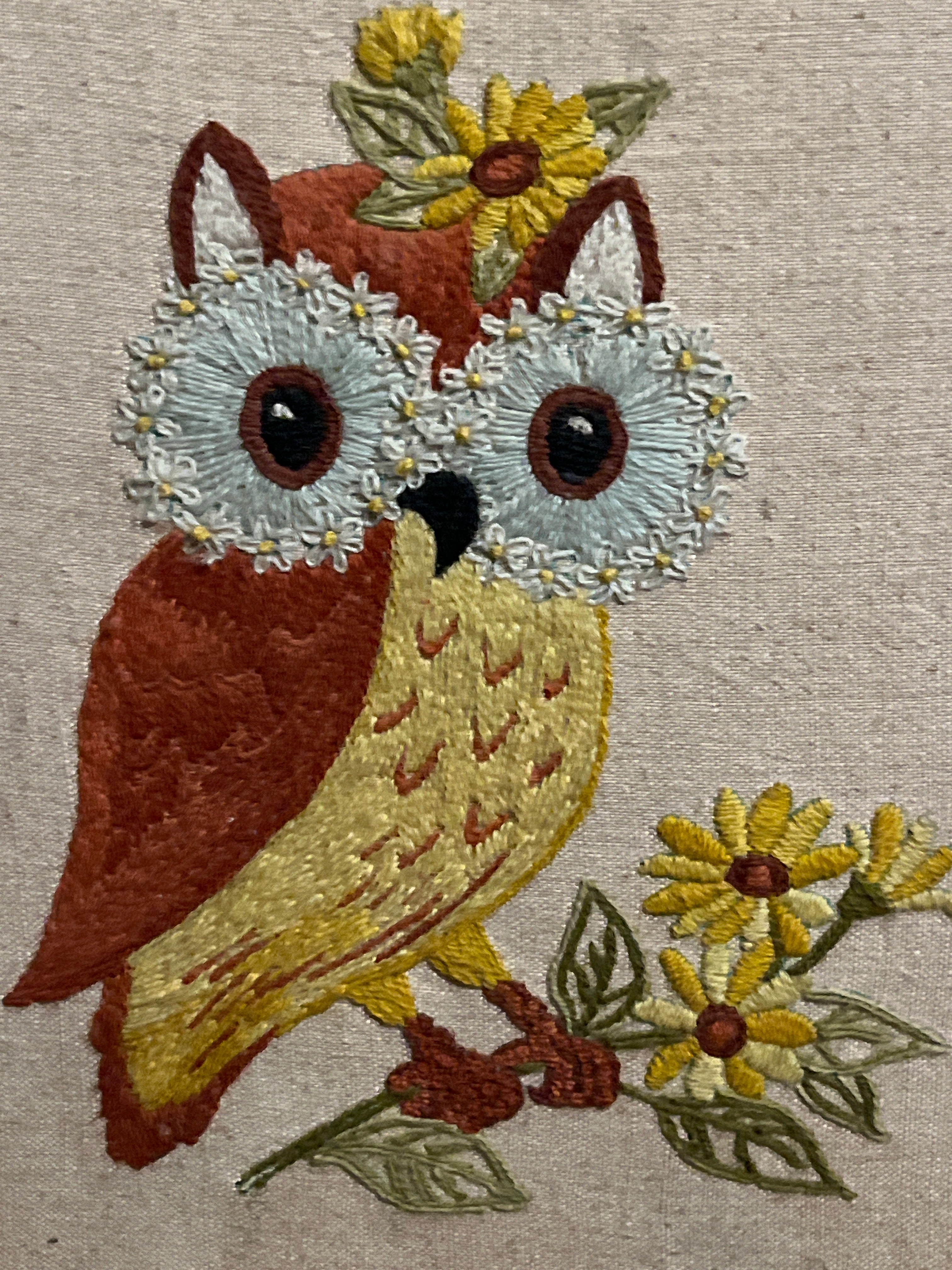 1970 Vintage Framed Owl Crewel Embroidery – Hand-Stitched Textile Art (Dated & Signed) pf