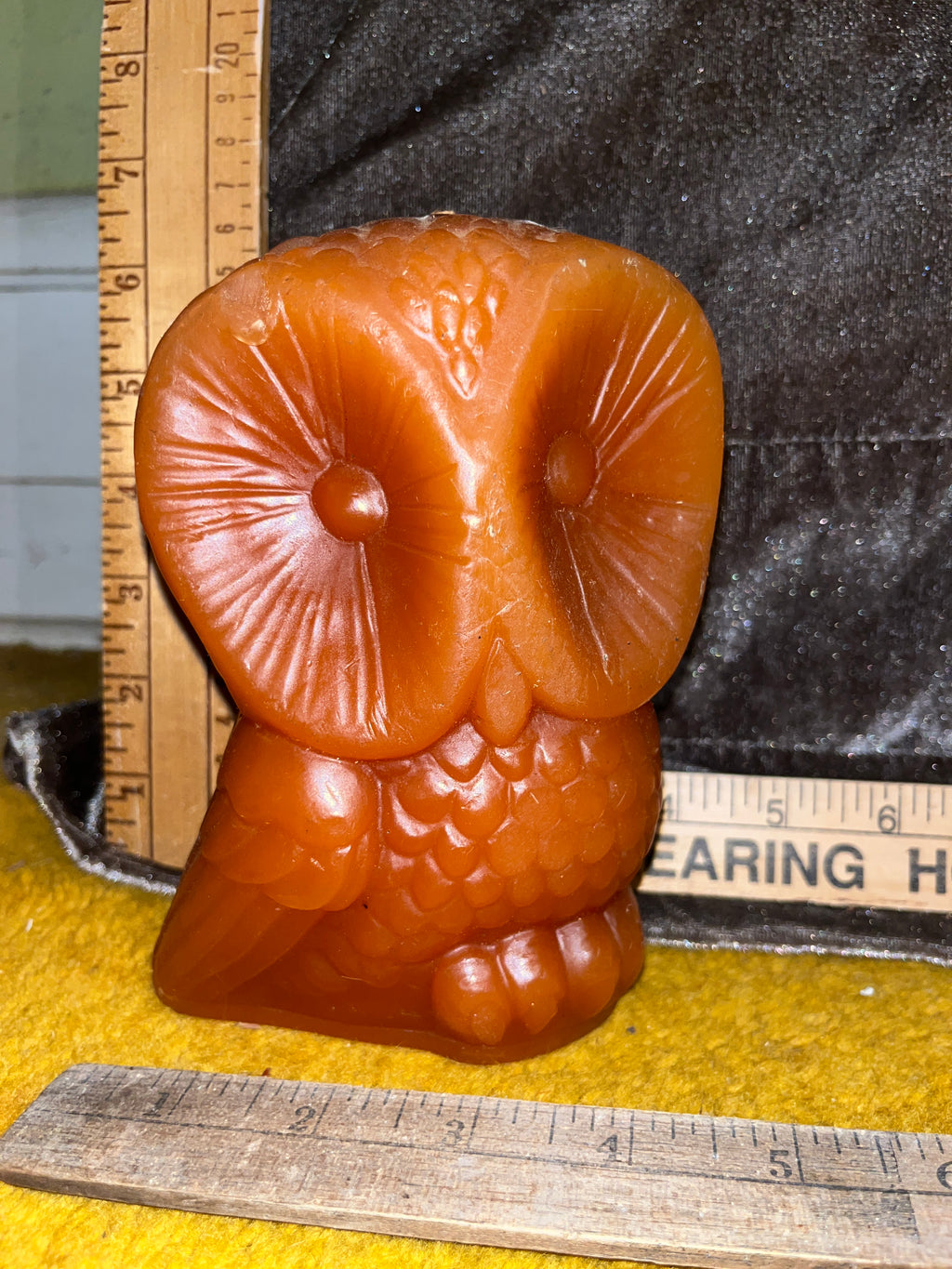 Vintage 1970s Molded Wax Owl Candle - Large 6"x4" Retro Mid Century Orange Figurine Unburned pf