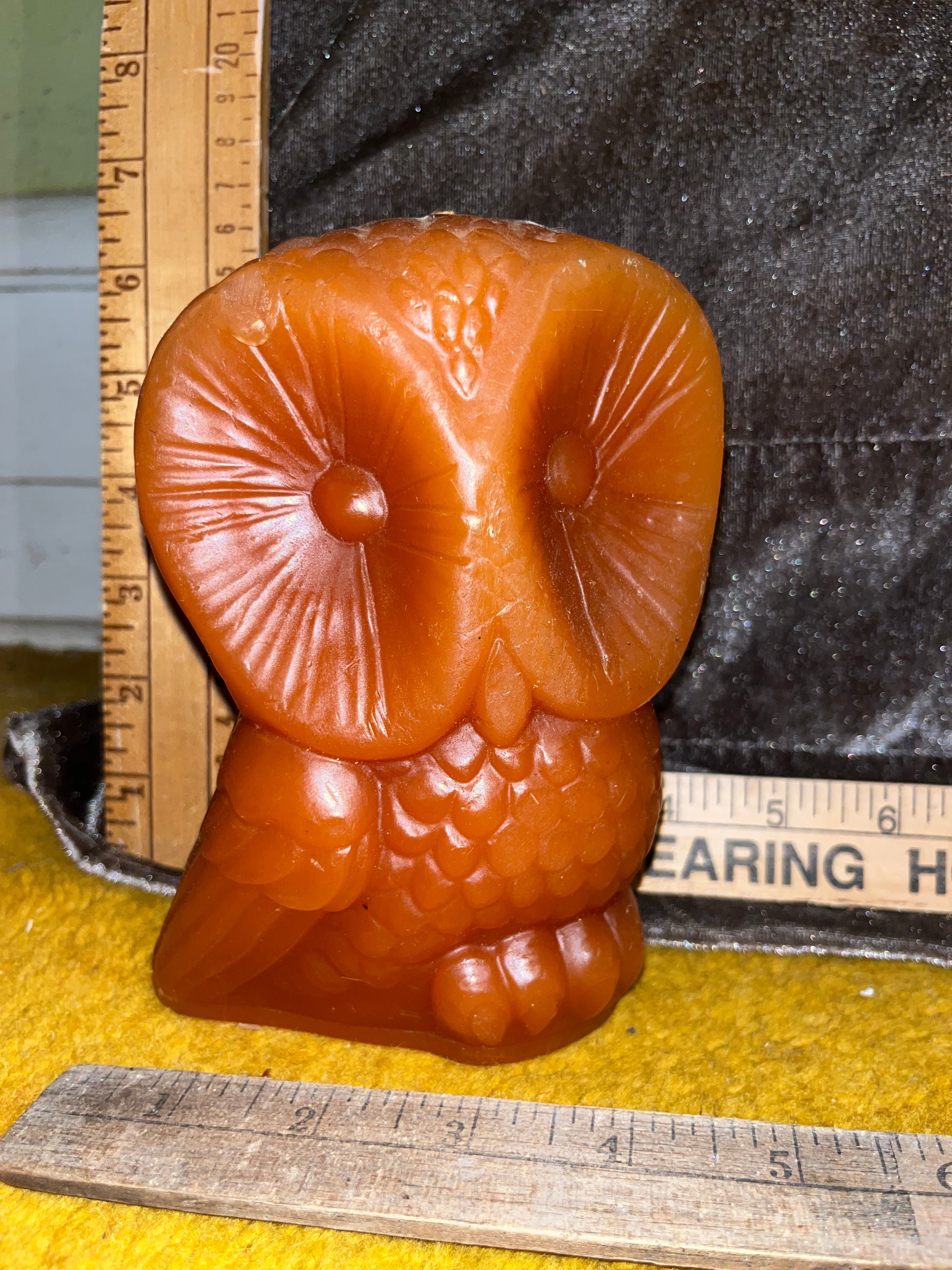Vintage 1970s Molded Wax Owl Candle - Large 6"x4" Retro Mid Century Orange Figurine Unburned pf