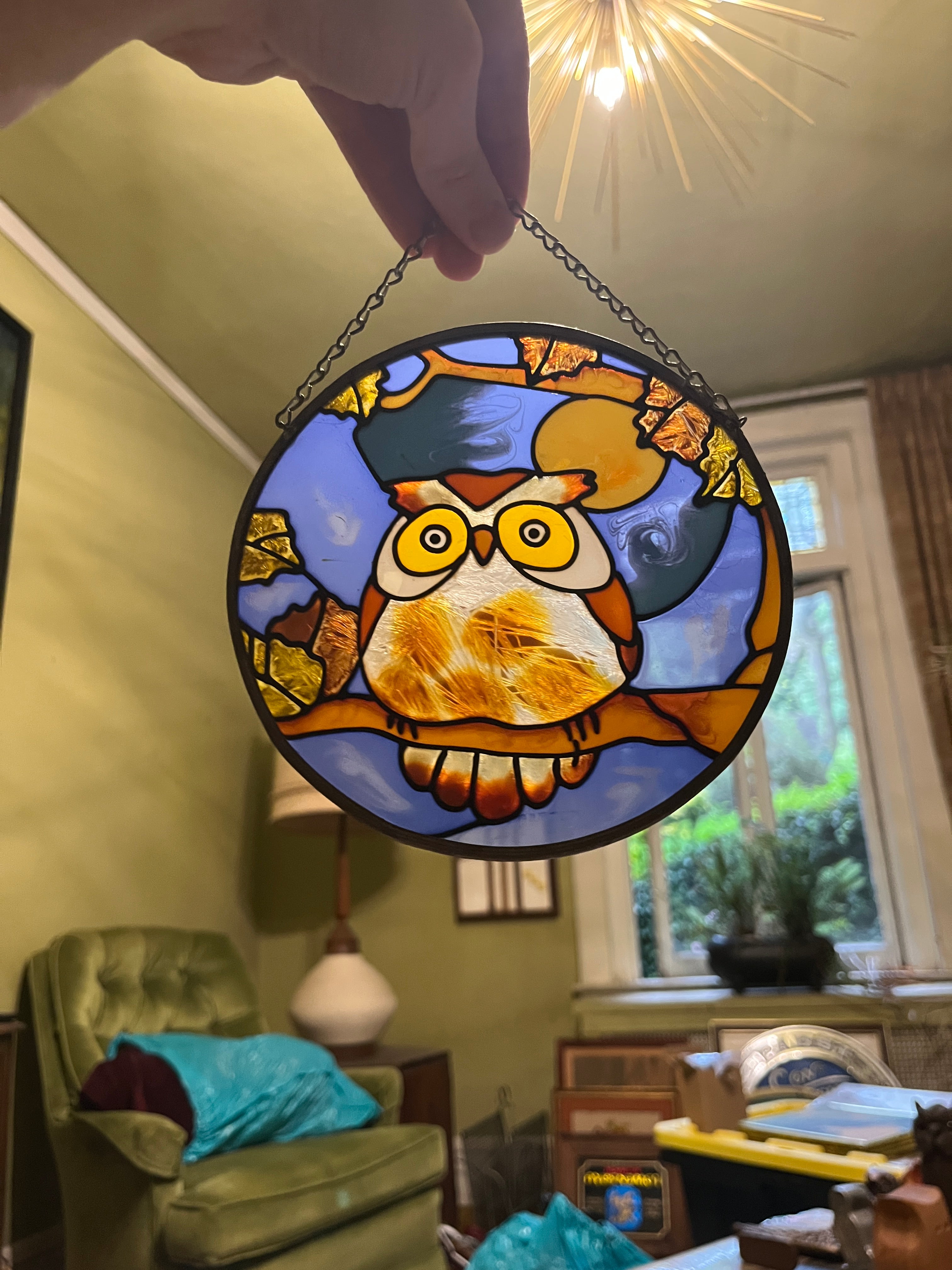 Vintage Mid-Century 1970s Stained Glass Owl Suncatcher – 6.5" Round Window Hanging pf