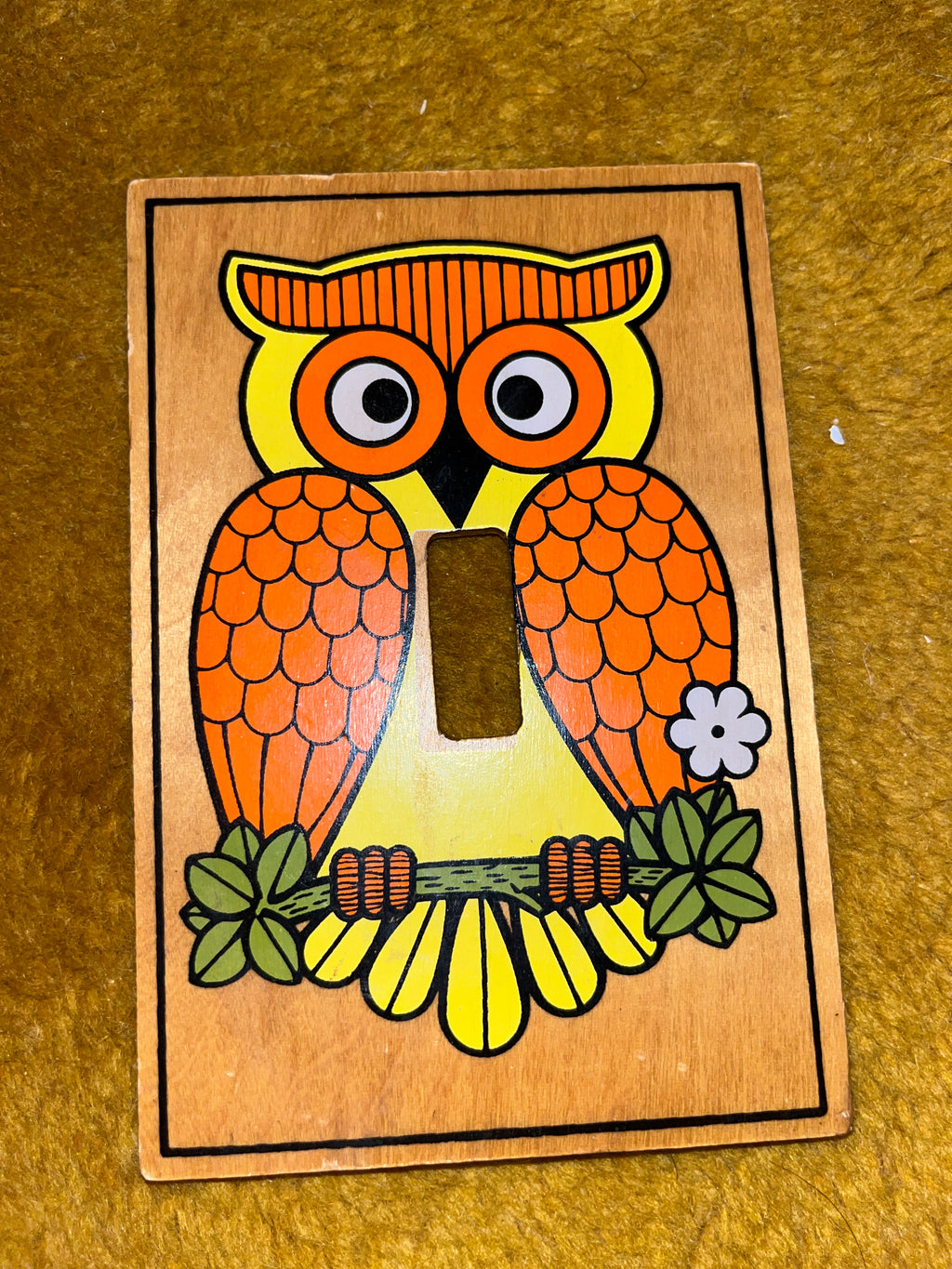 Vintage 1970s MCM Wooden Owl Light Switch Plate Cover – Retro Orange & Yellow pf