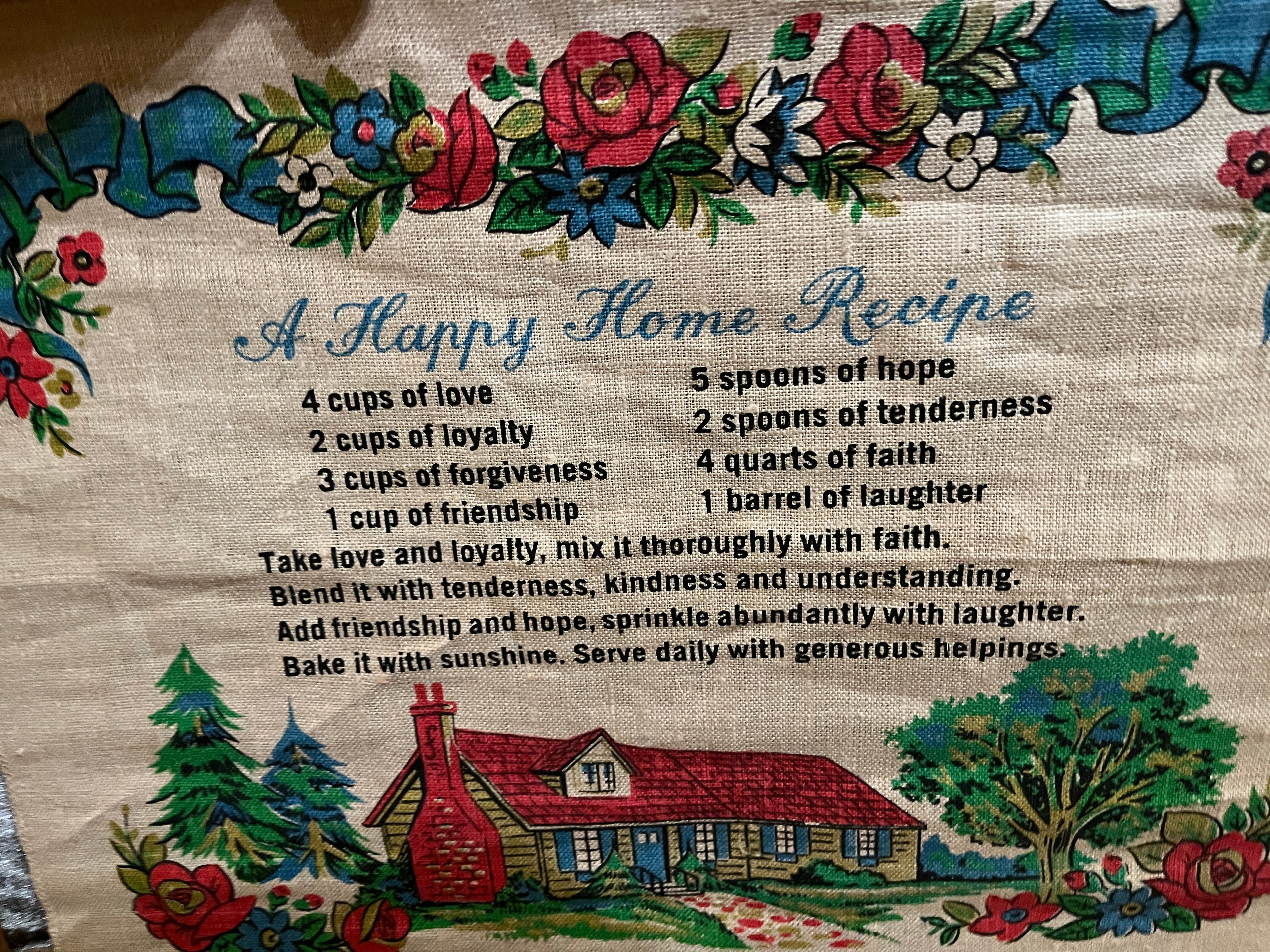 Vintage 1960s "Happy Home Recipe" Linen Wall Scroll 14x17 inches pf