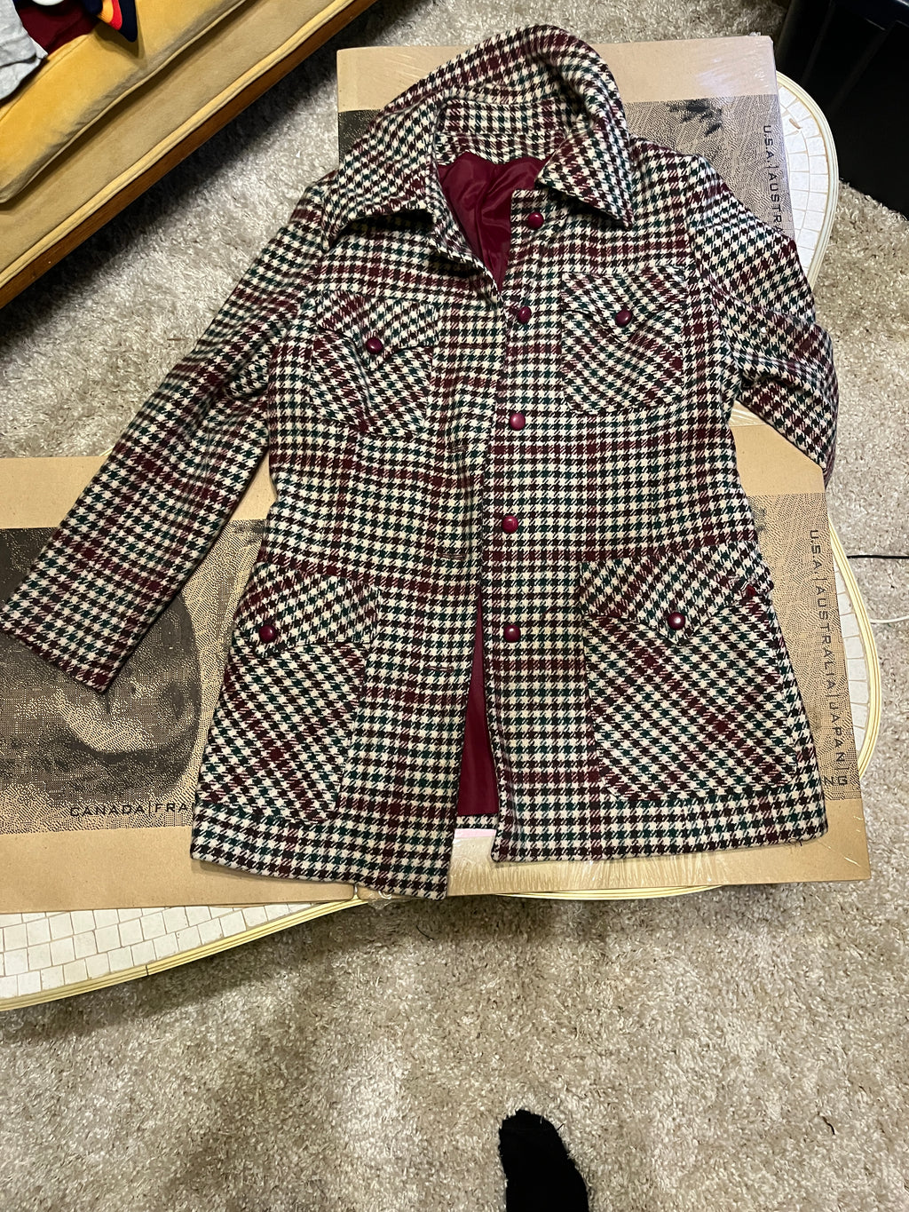 ILGWU vintage 70s flannel pea coat and matching pants wooden buttons size 14 made in USA zz