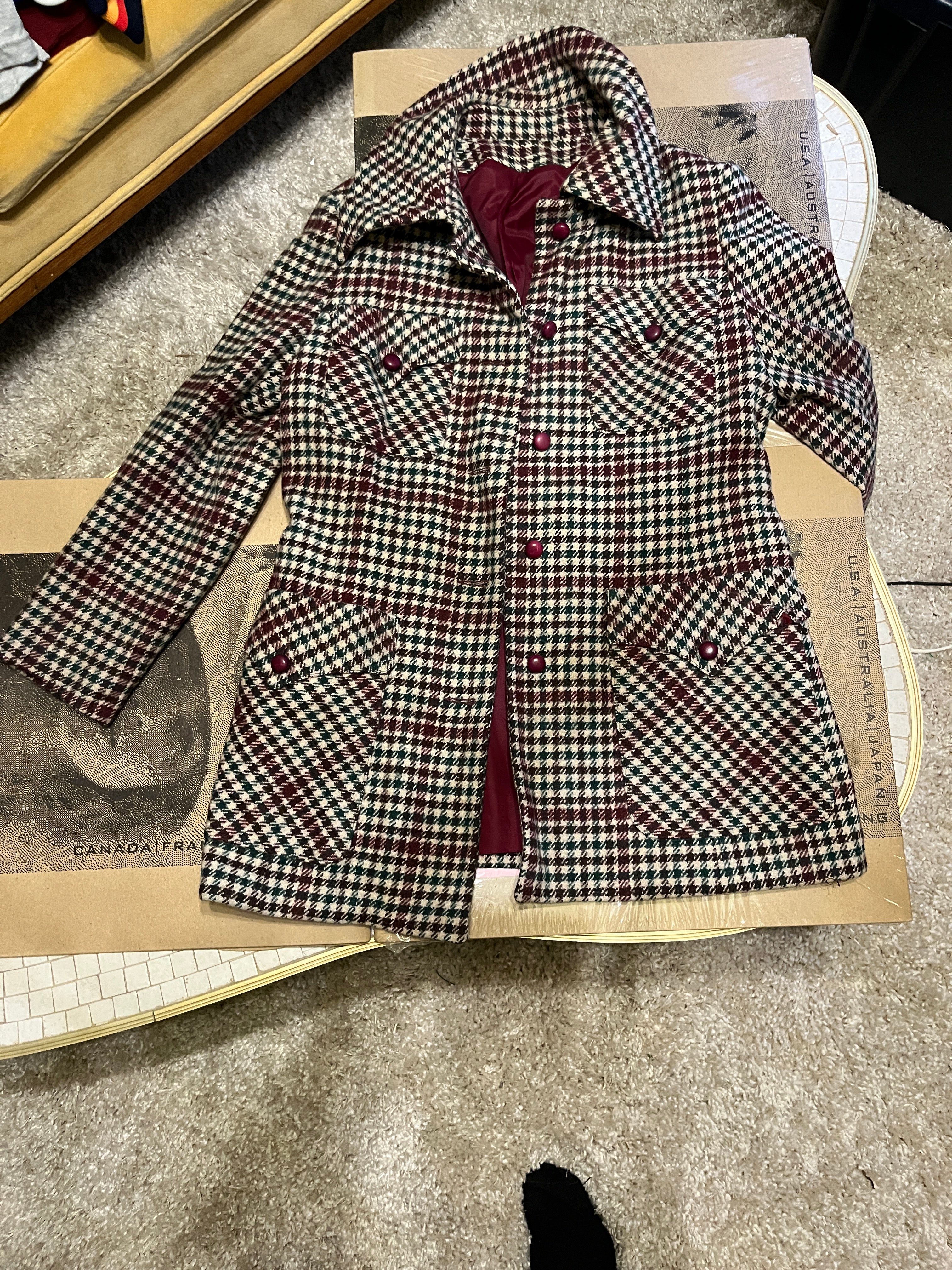ILGWU vintage 70s flannel pea coat and matching pants wooden buttons size 14 made in USA zz