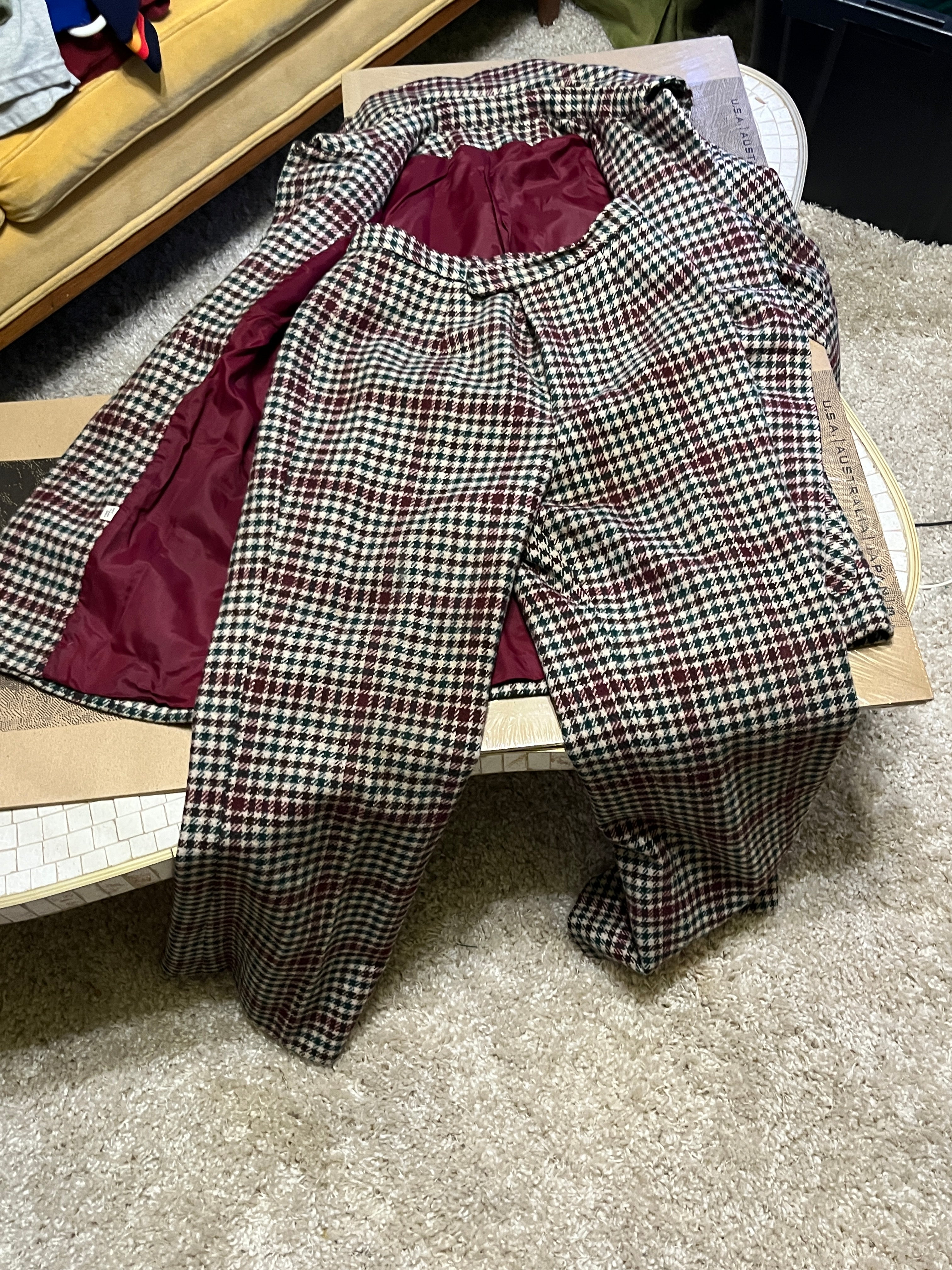 ILGWU vintage 70s flannel pea coat and matching pants wooden buttons size 14 made in USA zz