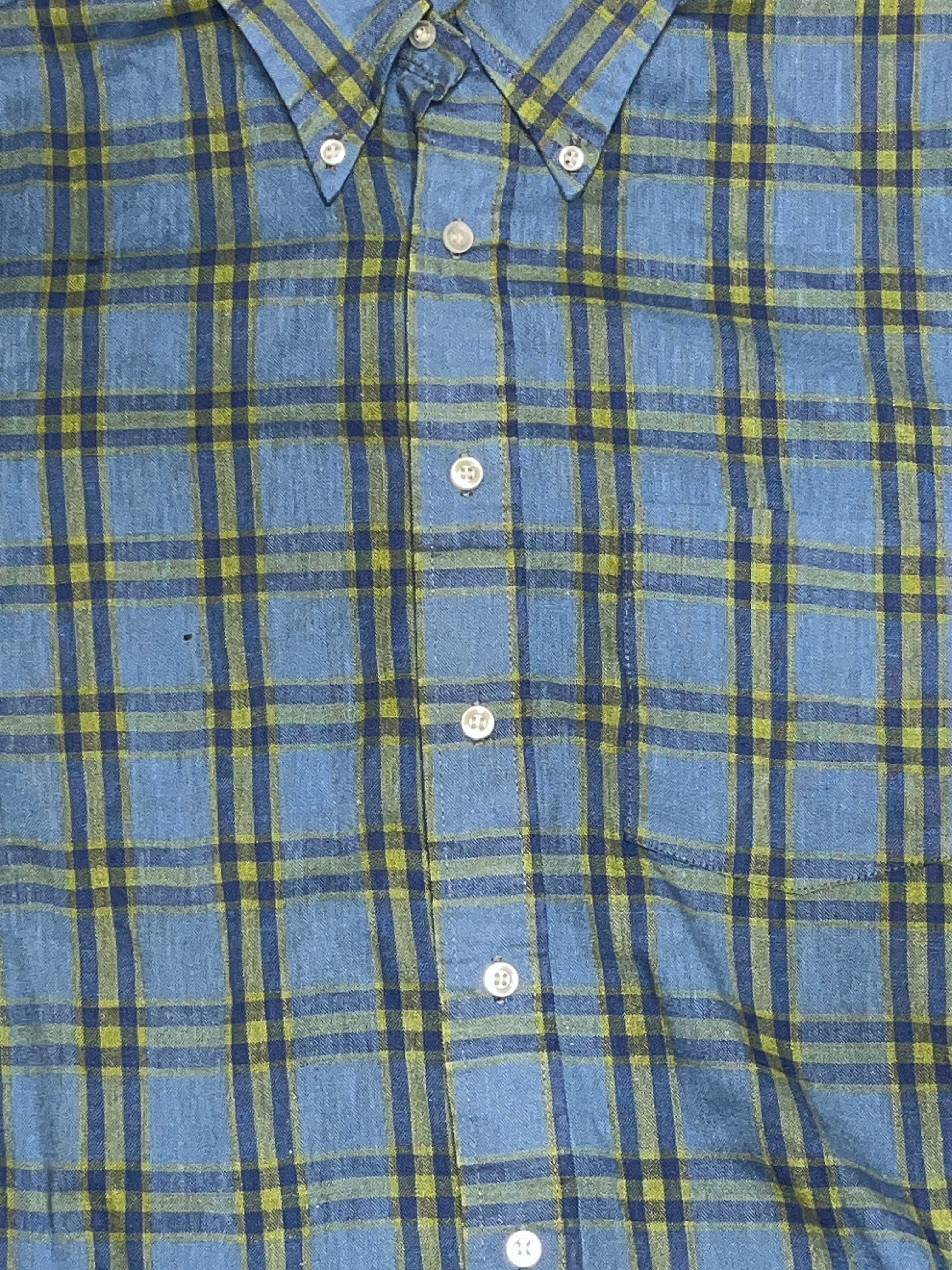Vintage 1970s blue green flannel short sleeve large permanent press zz