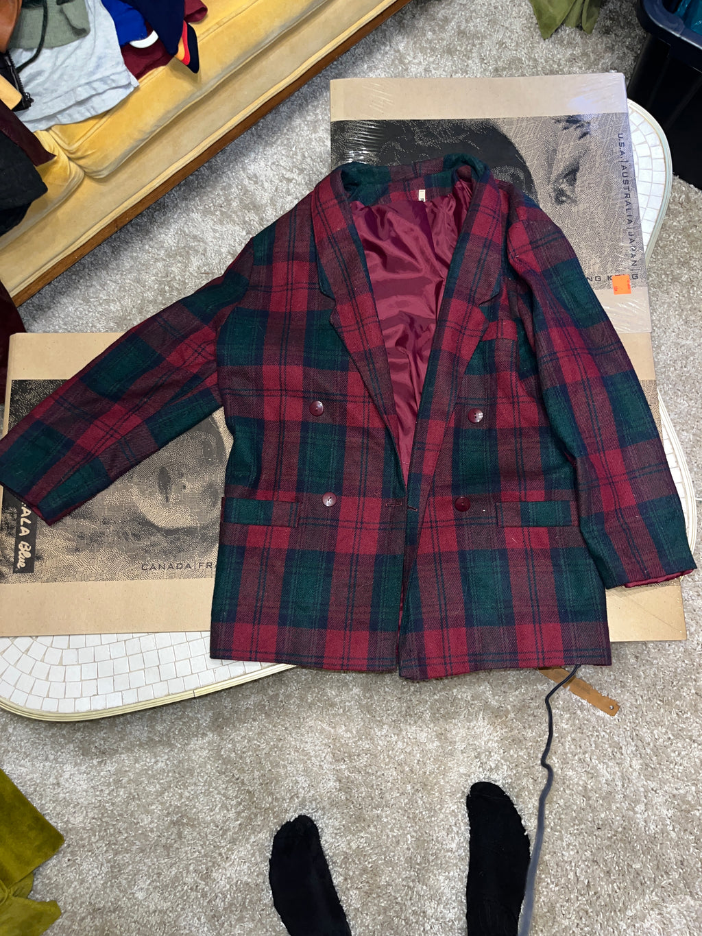 Vintage 70s made in England red green flannel jacket size 18 zz
