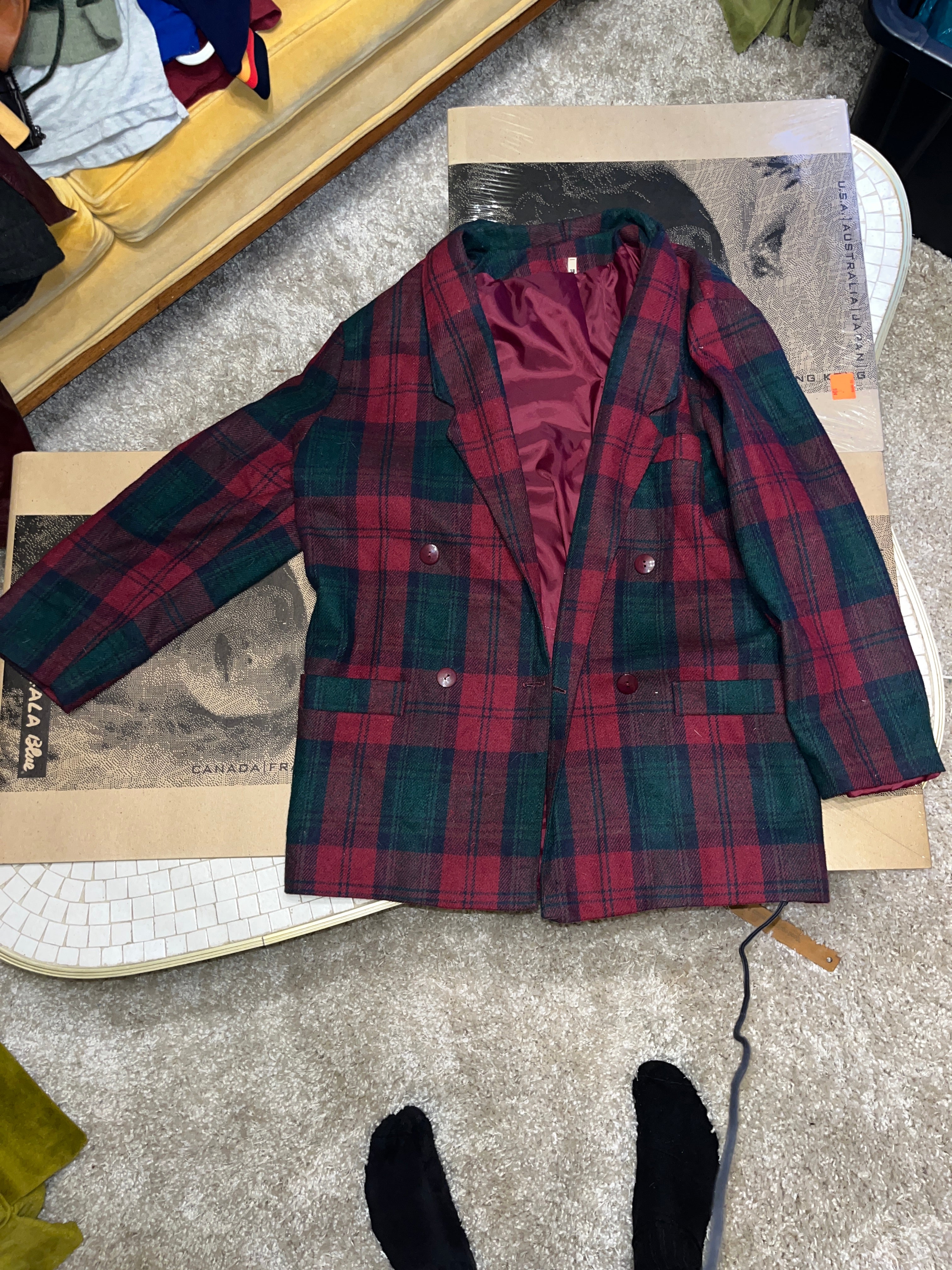Vintage 70s made in England red green flannel jacket size 18 zz