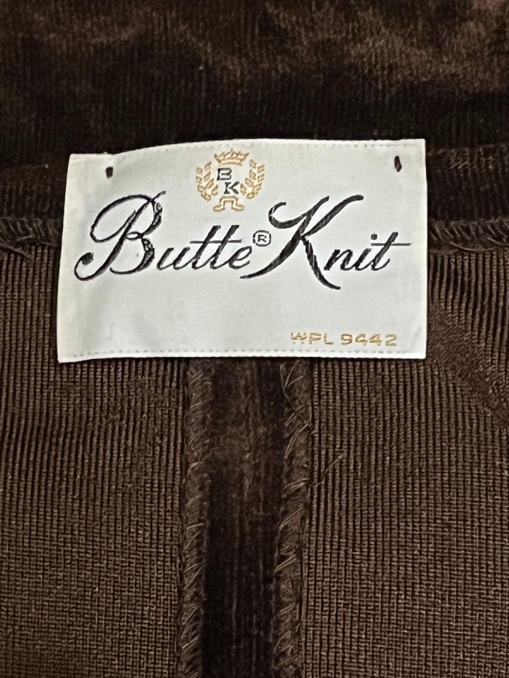 1970s butte knit brown velour two piece suit made in USA union made zz